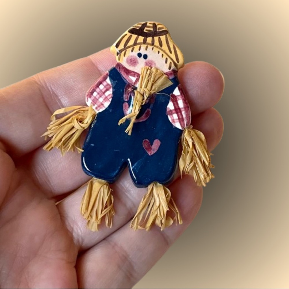 Adorable scarecrow brooch ceramic rustic farm country